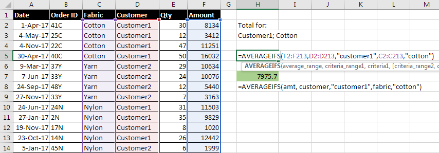 5 averageifs for total of cotton for customer1