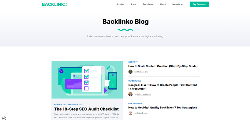 Backlinko blog homepage featuring articles on seo audits, content creation, and link building strategies