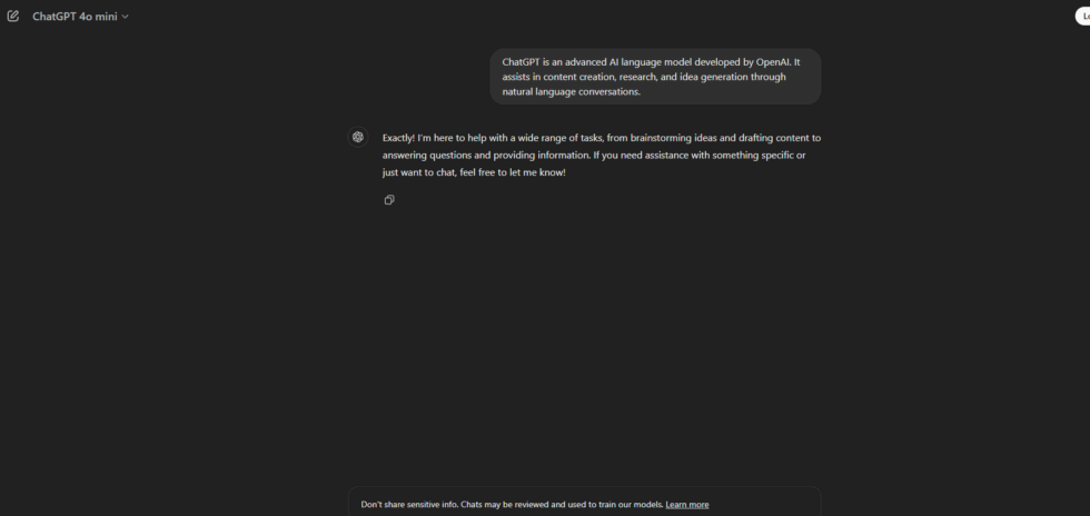 Chatgpt interface showing conversation with ai assistant on dark background