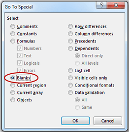 Clean data in excel go to dialogue box select blank