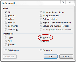 Clean data in excel paste special multiply