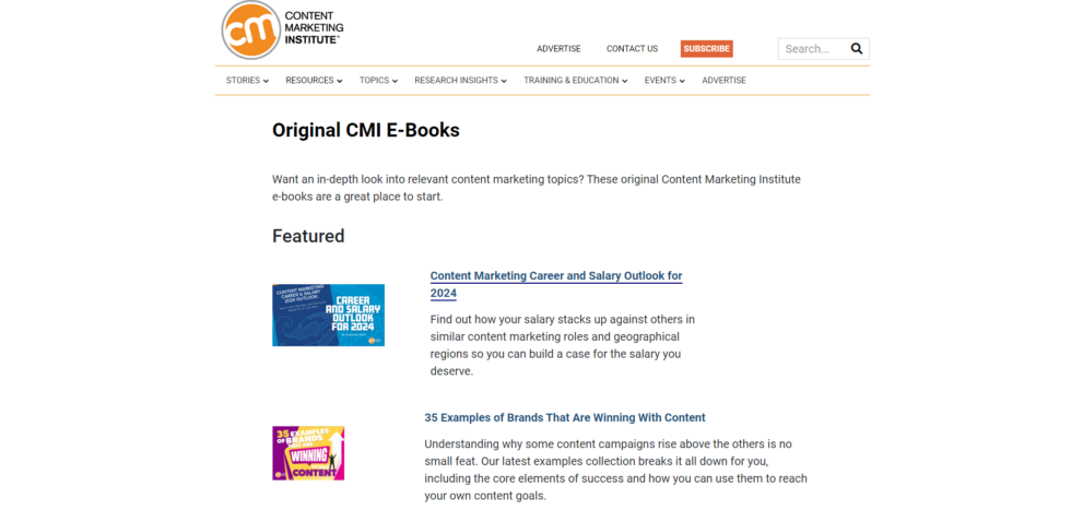 Content marketing institute webpage showcasing original e-books and featured resources