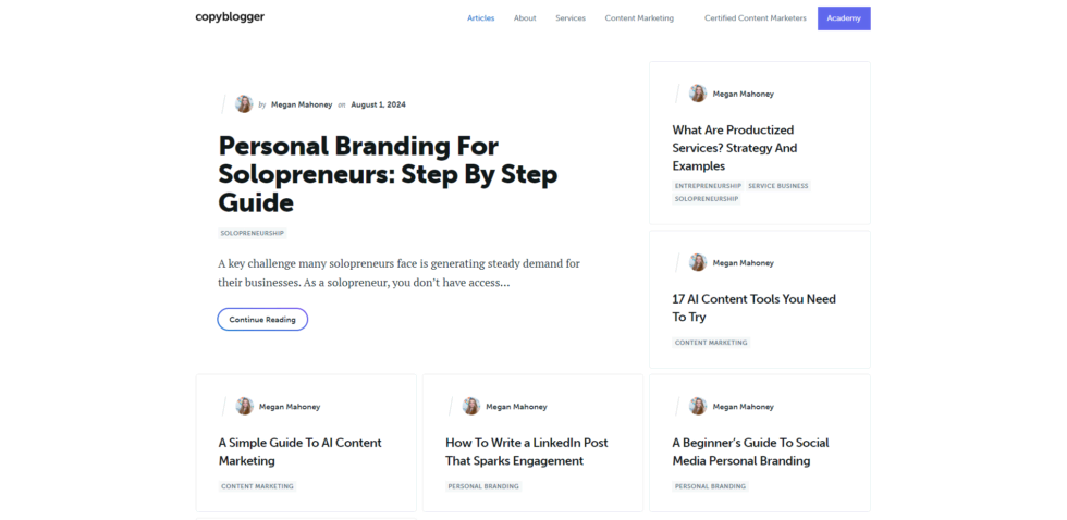 Copyblogger blog homepage featuring articles on personal branding for solopreneurs, ai content tools, and social media marketing
