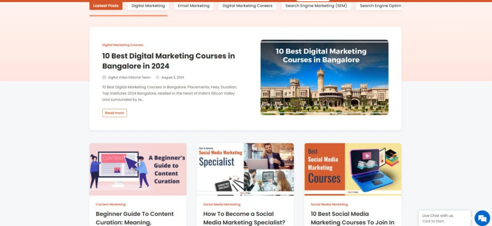 Digital vidya blog featuring articles on digital marketing courses in bangalore, content curation, and social media marketing