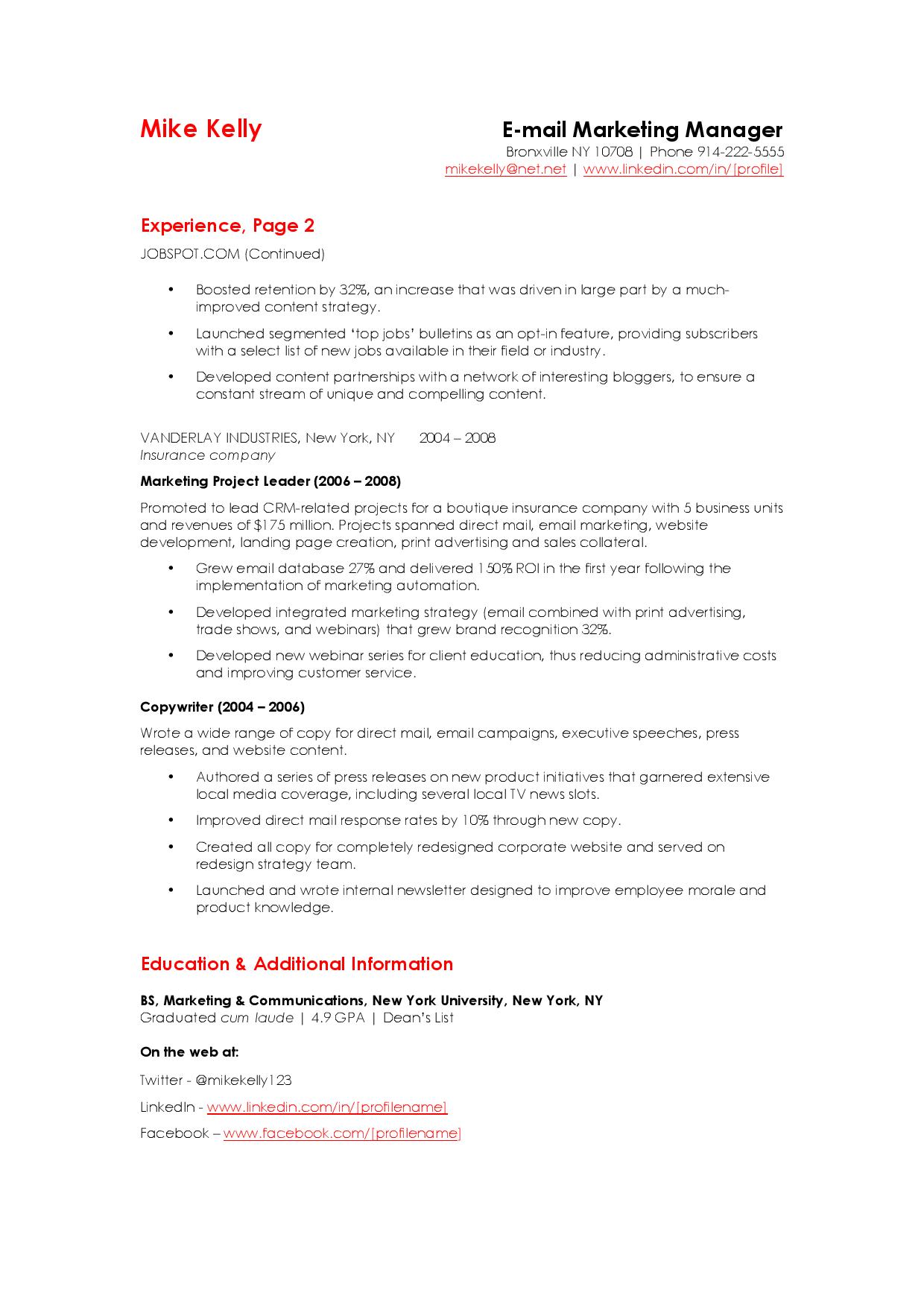 Email marketing resume sample