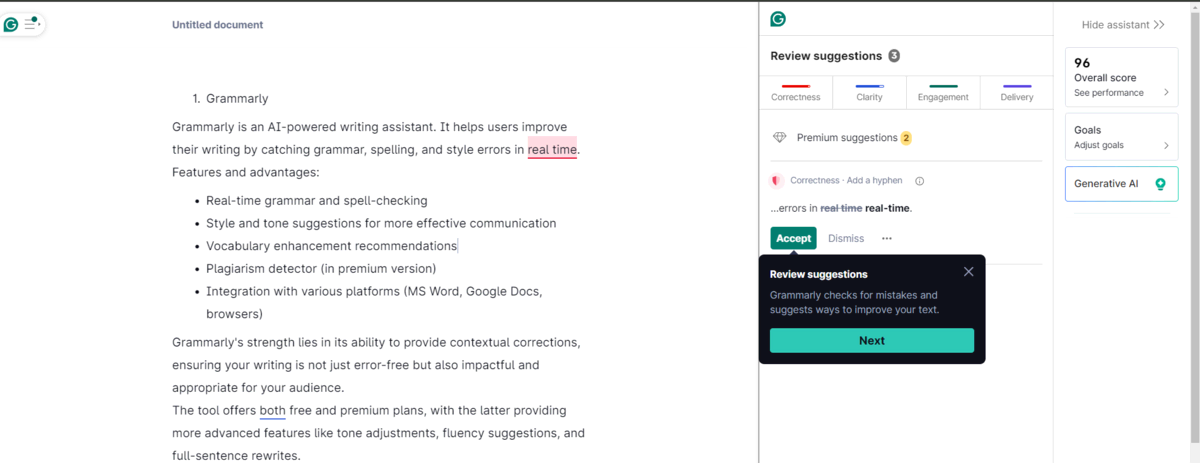 Grammarly interface showing document editor and suggestion panel with 96 overall score