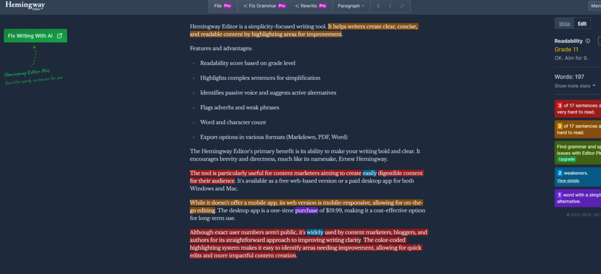 Hemingway editor interface showing text analysis, readability score, and writing improvement suggestions