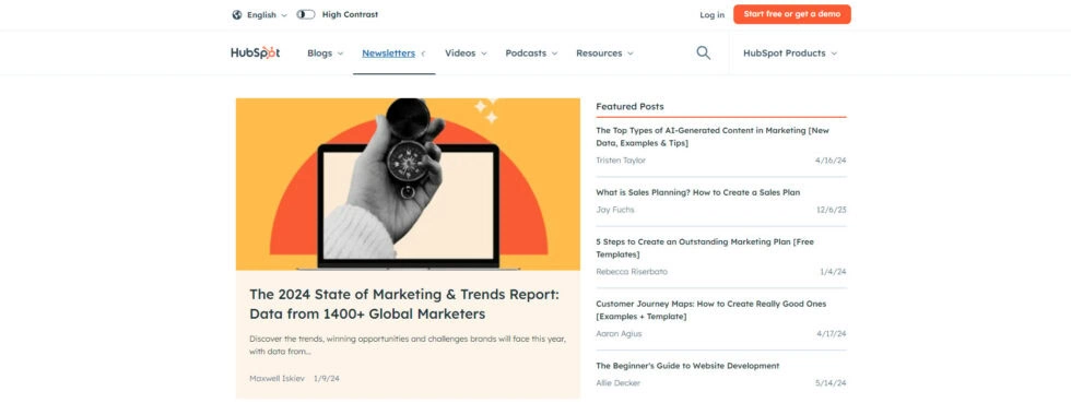 A screenshot of the hubspot blog homepage, featuring the 2024 state of marketing and trends report along with other insightful articles on marketing strategies, sales techniques, and industry trends.