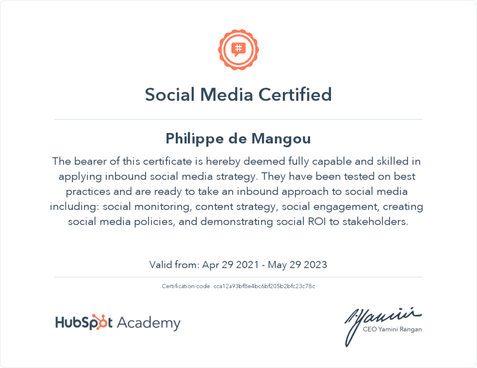Social media certified certificate from hubspot academy for inbound strategy skills