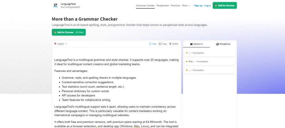Languagetool interface showing grammar checker, language selection, and correction suggestions