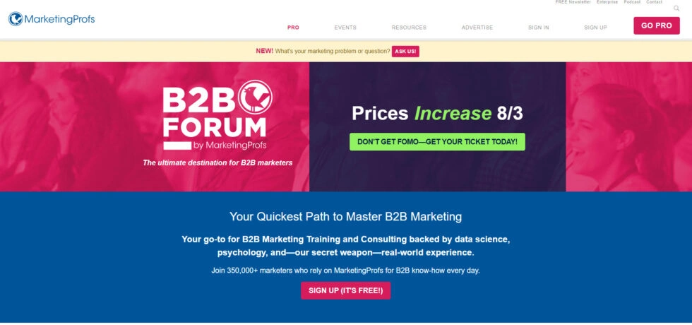 Marketingprofs homepage featuring b2b forum event and b2b marketing training offerings