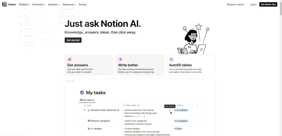Notion ai interface showing main features: get answers, write better, autofill tables, and task management