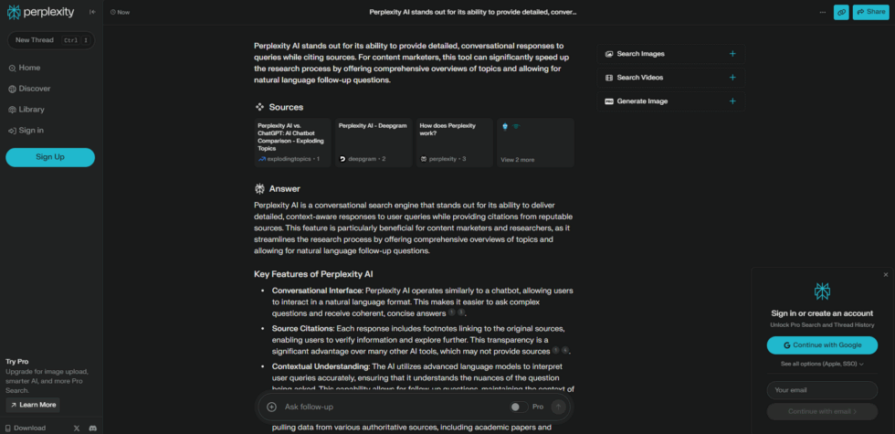 Perplexity ai interface showing query response, source citations, and key features