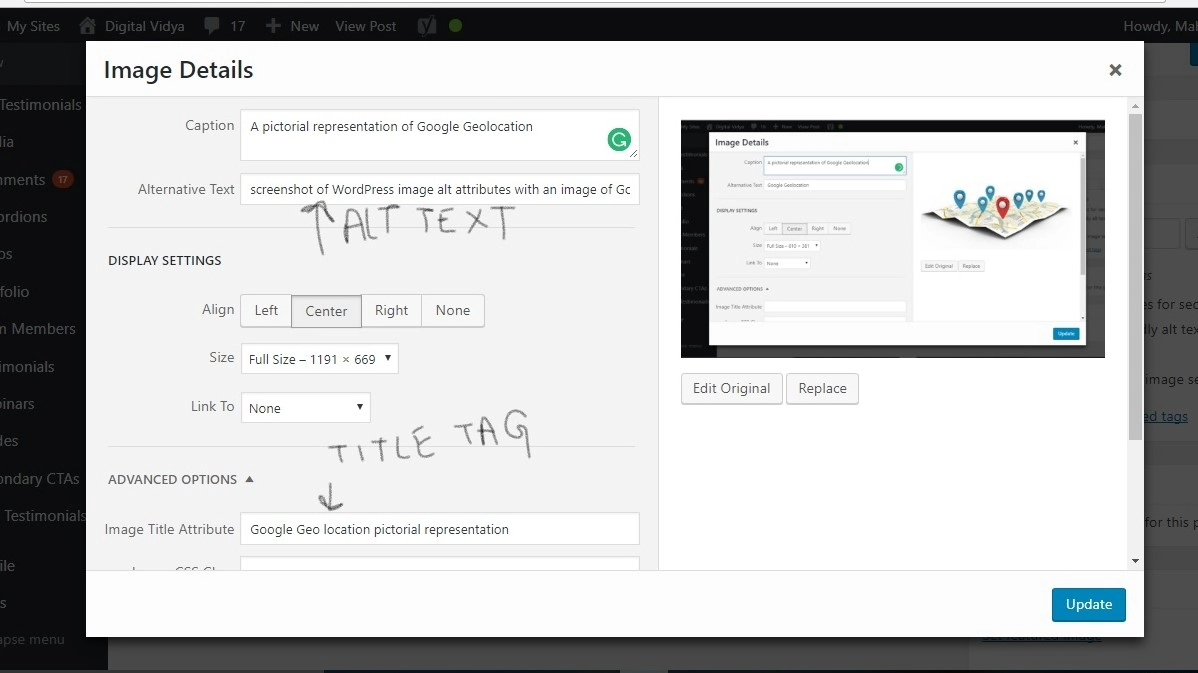 Screenshot of wordpress image alt attributes with an image of google geolocation