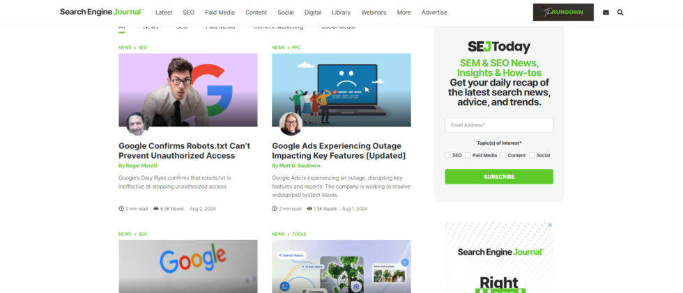 Search engine journal homepage featuring top stories on google robots. Txt and google ads outage