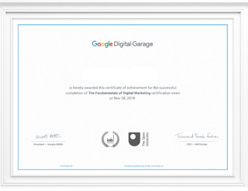 Certificate from google digital garage for fundamentals of digital marketing course completion