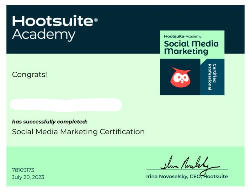 Hootsuite academy certificate for social media marketing certification with owl logo