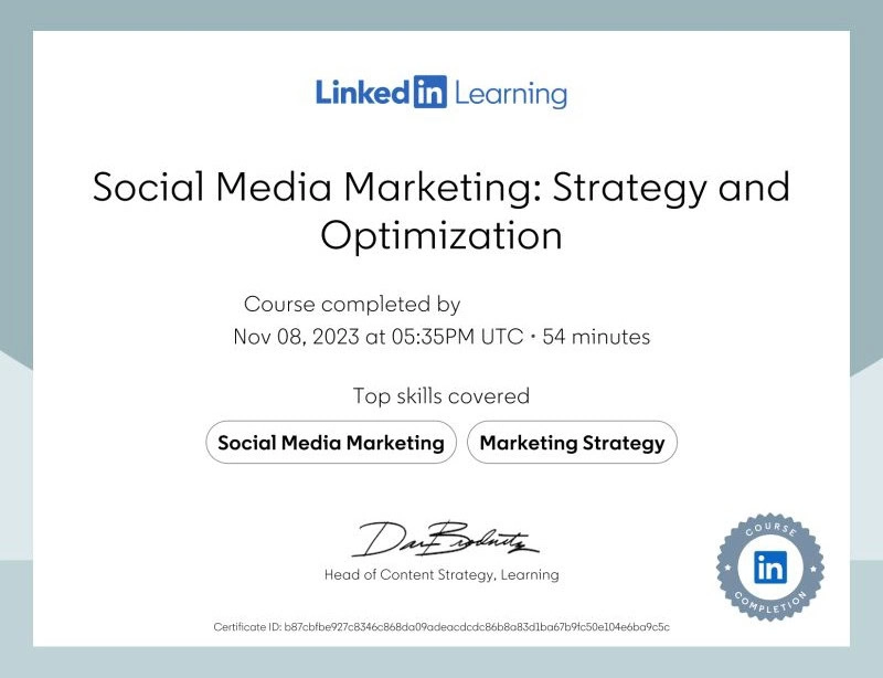 Linkedin learning certificate for social media marketing: strategy and optimization course