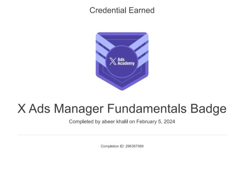 Digital badge for x ads manager fundamentals certification, featuring x ads academy logo