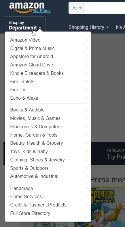 Amazon shop by department