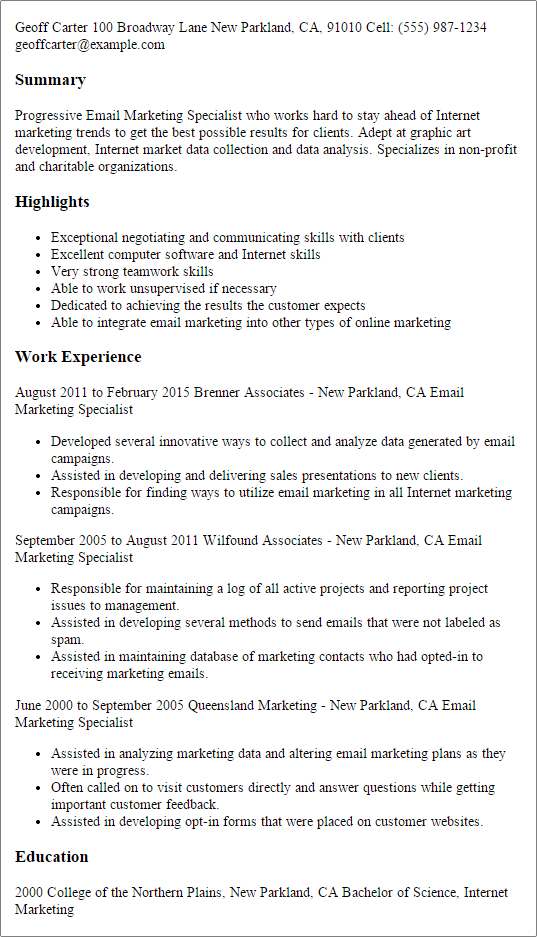 Email marketing resume sample