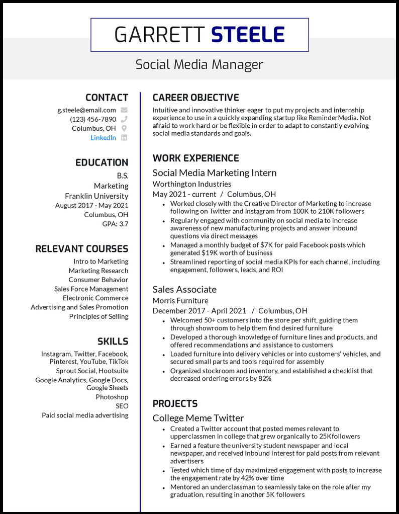 Social media marketing resume for freshers