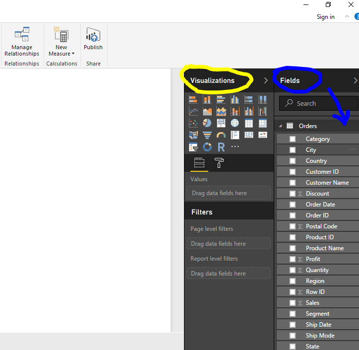 Fields and visualizations pane 1