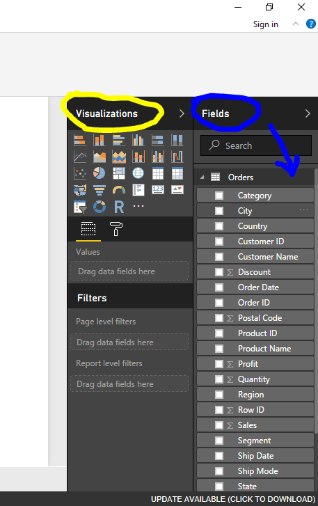 Fields and visualizations pane e1519231834490