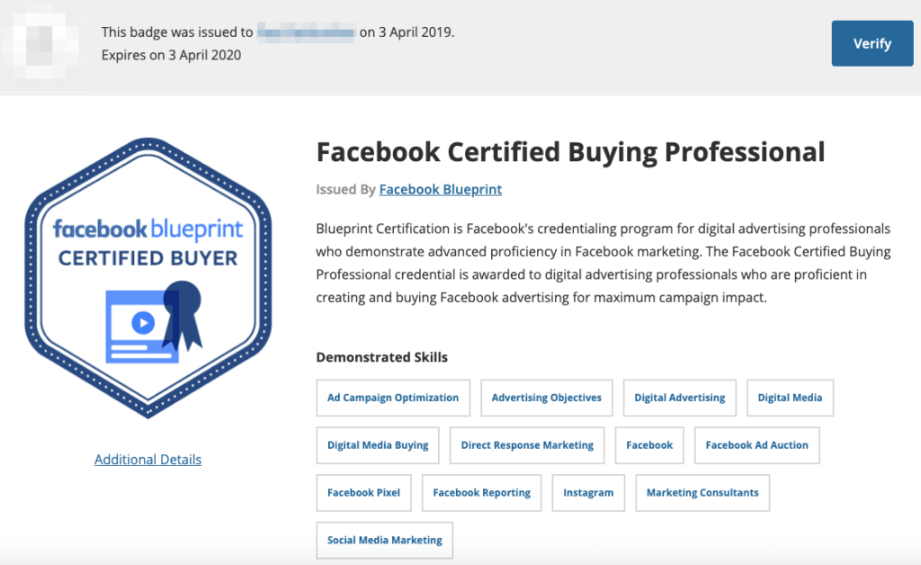 Facebook blueprint certification badge for certified buying professional with skills list